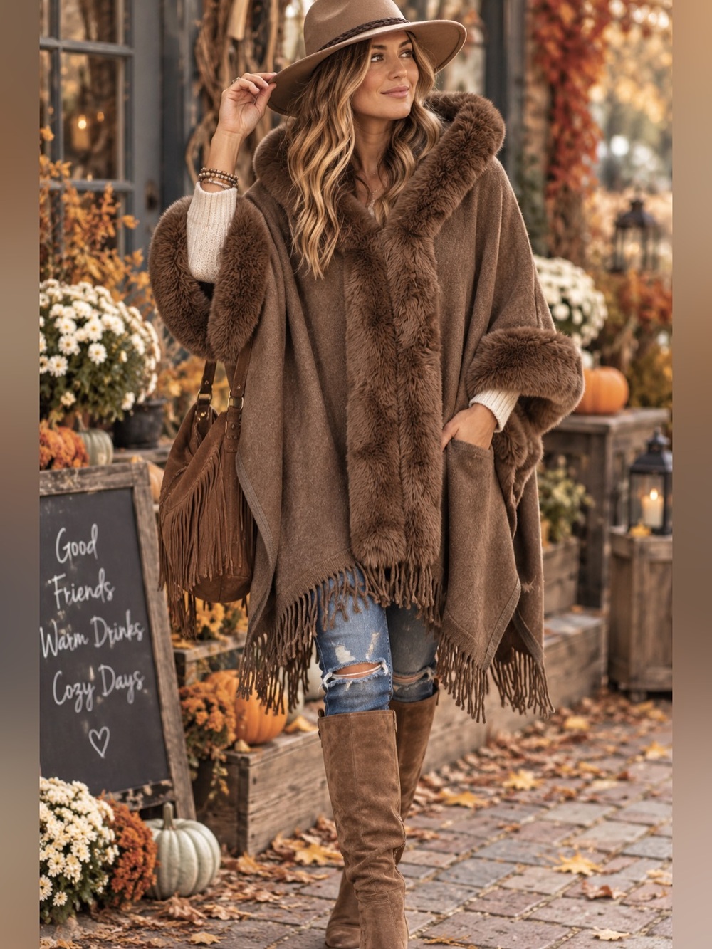 NWT Vitalia Boutique Cozy Faux-Fur Trim Brown Hooded Poncho Sweater Cape